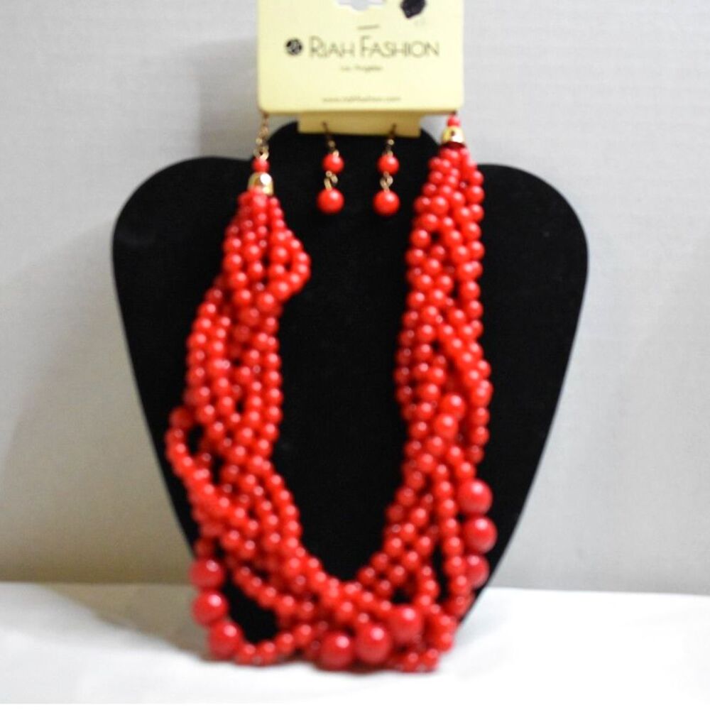NWT Riah Boho Red Braided Drape Beads/Dangle Hook Earrings/16" Necklace